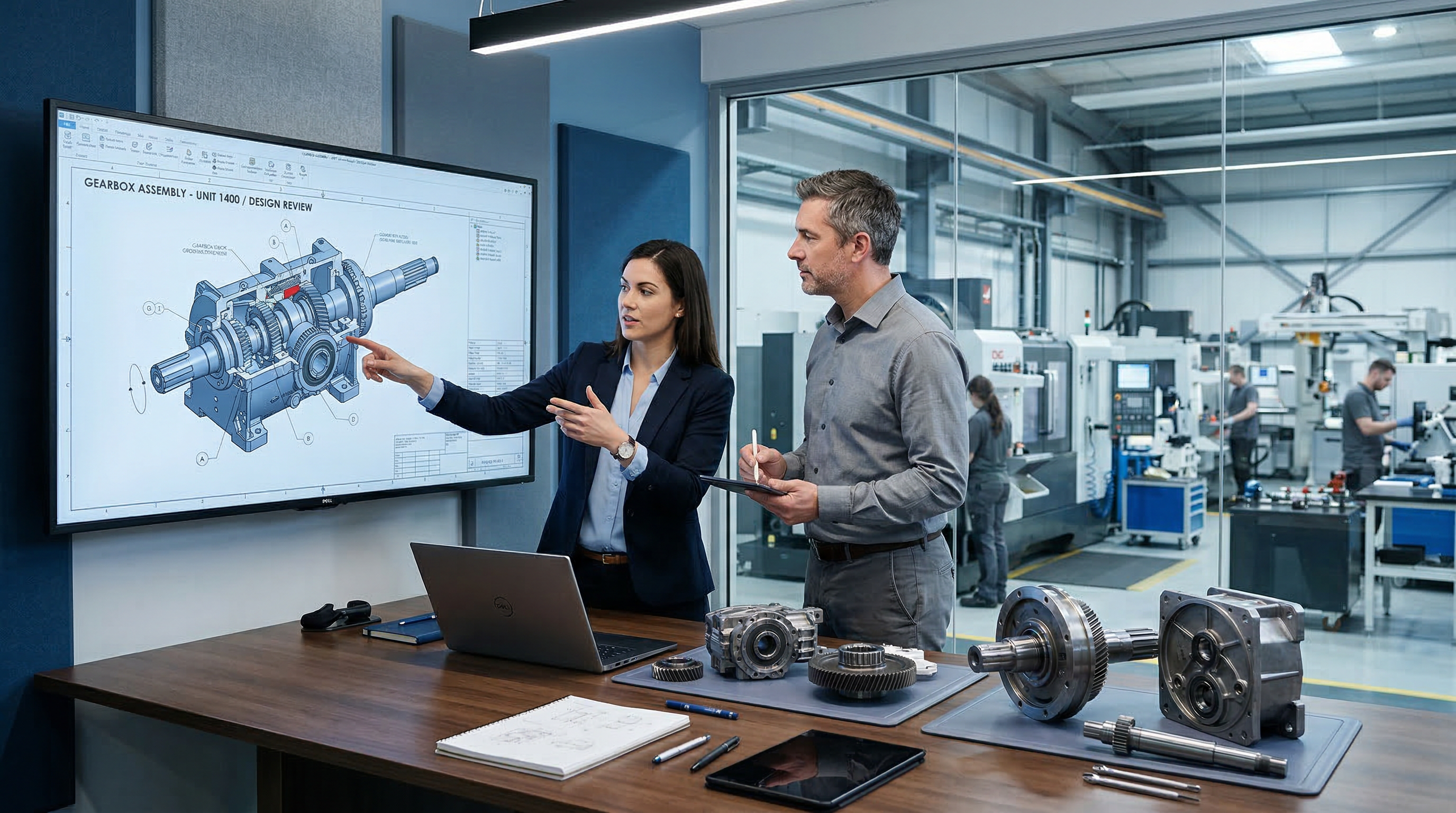 Engineers reviewing gearbox design specifications
