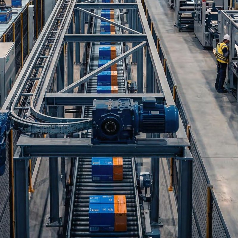 Conveyor lines driven by geared motors